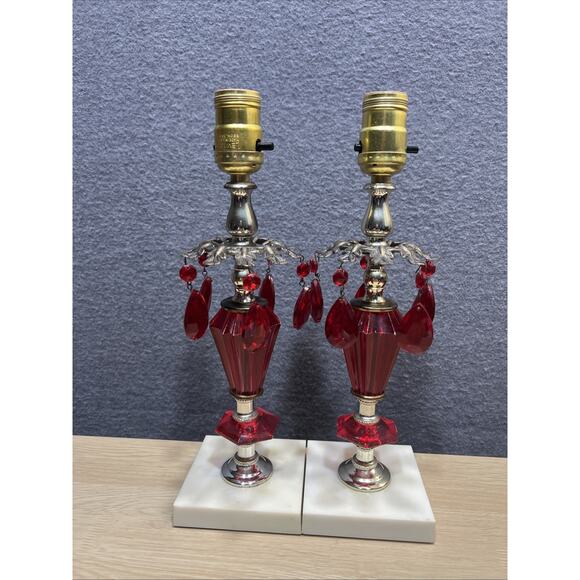 Vintage Red Hollywood Regency Lamp Crystals Gold Marble Punch Pleat Shade Lot 2 - Picture 6 of 15